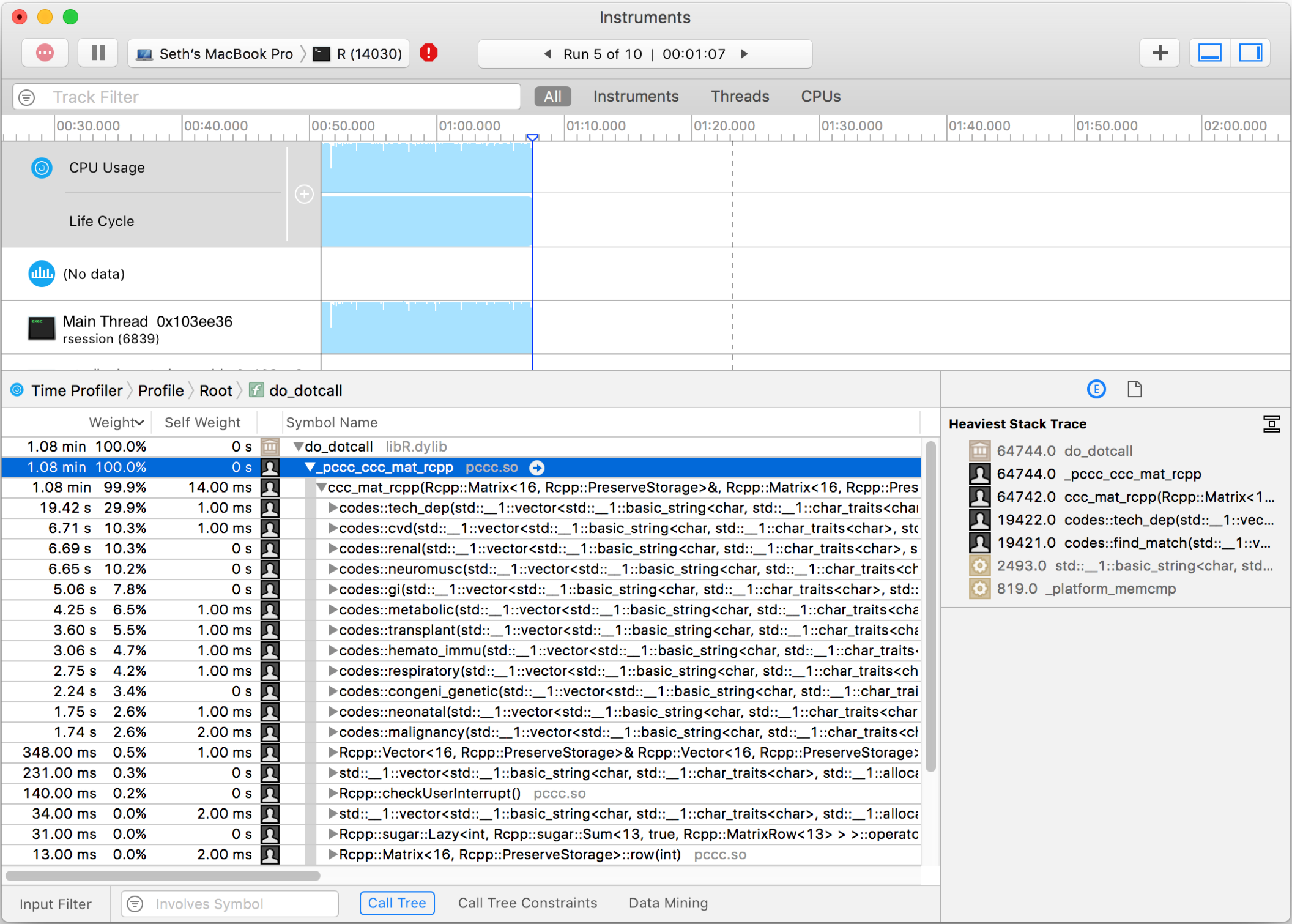 Xcode Instruments screenshot showing profiling of R code that calls C/C++